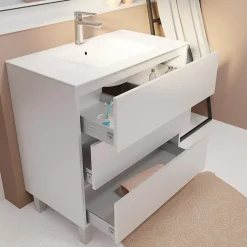 Aurlane Pack Meuble Salle de Bains 80 cm Laqué Blanc, 3 tiroirs avec Vasque Céramique - XENOS