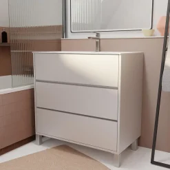 Aurlane Pack Meuble Salle de Bains 80 cm Laqué Blanc, 3 tiroirs avec Vasque Céramique - XENOS