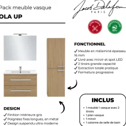 Jacob Delafon Pack meuble vasque 80 cm Ola up chêne + colonne + miroir + spot