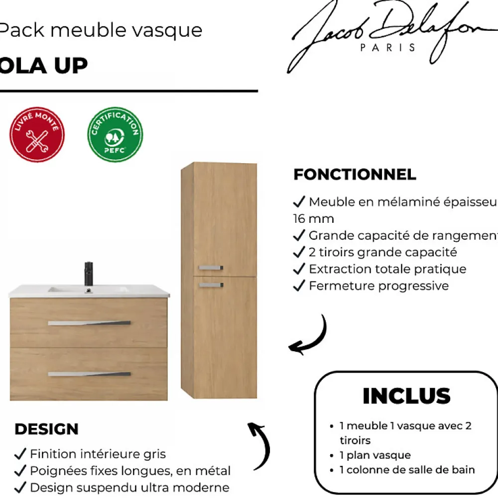 Ensemble Meuble De Salle De Bains|Jacob Delafon Pack meuble vasque 80 cm Ola up chêne + colonne