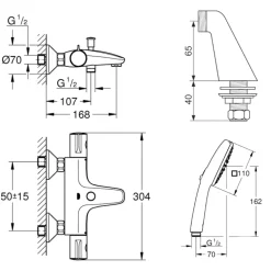 Grohe Pack mitigeur bain douche thermostatique Grohtherm 800 + douchette ronde 2 jets + flexible