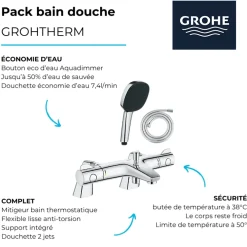 Grohe Pack mitigeur bain douche thermostatique Grohtherm 800 + douchette carré 2 jets + flexible