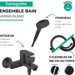 Robinet De Baignoire|Hansgrohe Pack mitigeur bain douche Vernis Blend + Flexible Designflex + Pommeau Vernis Blend 100 Vario noir mat