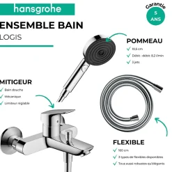 Robinet De Baignoire|Hansgrohe Pack mitigeur bain douche mécanique Logis + Flexible Metaflex + Pommeau Pulsify Select EcoSmart 105 3jets chromé