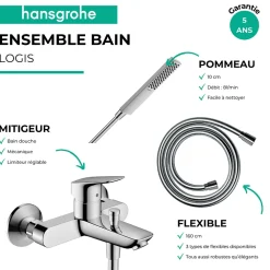 Robinet De Baignoire|Hansgrohe Pack mitigeur bain douche mécanique Logis + Flexible Designflex + Pommeau Pulsify E 100 EcoSmart chromé
