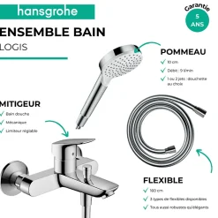 Robinet De Baignoire|Hansgrohe Pack mitigeur bain douche mécanique Logis + Flexible Metaflex + Pommeau Vernis Blend 100 EcoSmart 1jet chromé