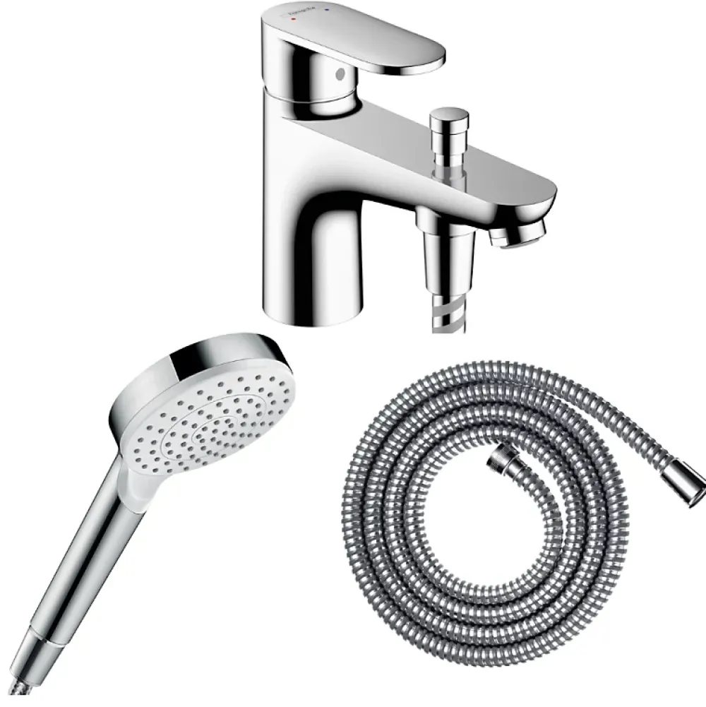Hansgrohe Pack mitigeur bain douche monotrou Vernis Blend + Flexible Metaflex + Pommeau Crometta blanc/chromé
