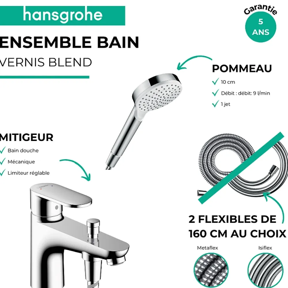 Hansgrohe Pack mitigeur bain douche monotrou Vernis Blend + Flexible Metaflex + Pommeau Crometta blanc/chromé