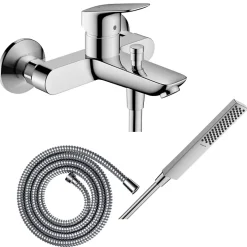 Hansgrohe Pack mitigeur bain douche mécanique Logis + Flexible Metaflex + Pommeau Pulsify E 100 EcoSmart chromé