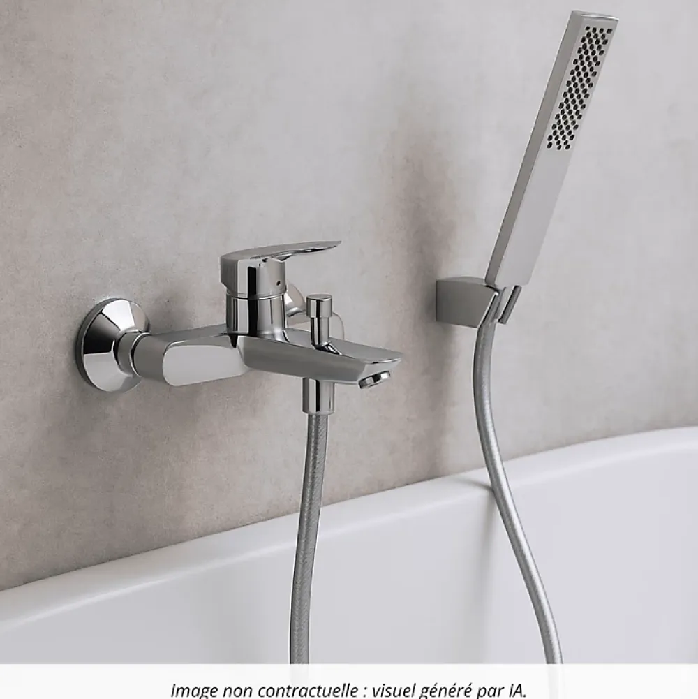 Hansgrohe Pack mitigeur bain douche mécanique Logis + Flexible Metaflex + Pommeau Pulsify E 100 EcoSmart chromé