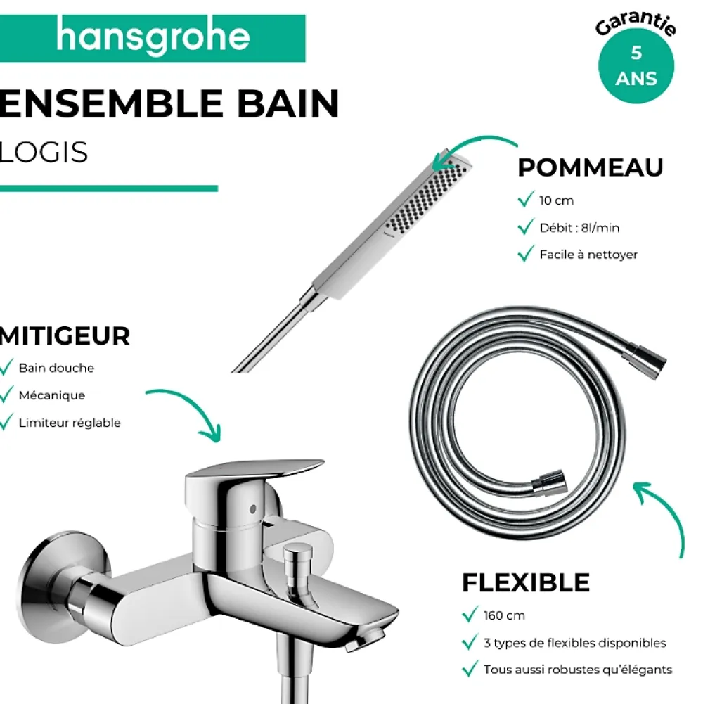 Hansgrohe Pack mitigeur bain douche mécanique Logis + Flexible Metaflex + Pommeau Pulsify E 100 EcoSmart chromé