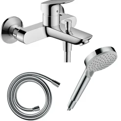 Hansgrohe Pack mitigeur bain douche mécanique Logis + Flexible Isiflex + Pommeau Vernis Blend 100 EcoSmart 2jets chromé