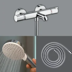Hansgrohe Pack mitigeur bain thermostatique Ecostat Comfort + Flexible Metaflex 1,6m + Pommeau Vernis Blend EcoSmart chromé