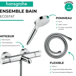 Hansgrohe Pack mitigeur bain thermostatique Ecostat Comfort + Flexible Metaflex 1,6m + Pommeau Vernis Blend EcoSmart chromé