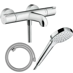 Robinet De Baignoire|Hansgrohe Pack mitigeur bain thermostatique Ecostat 1001CL + Flexible Designflex + Pommeau Croma Select E EcoSmart blanc/chromé