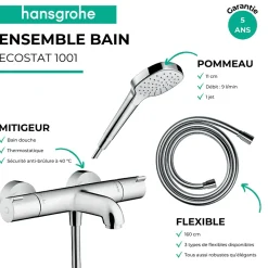 Robinet De Baignoire|Hansgrohe Pack mitigeur bain thermostatique Ecostat 1001CL + Flexible Designflex + Pommeau Croma Select E EcoSmart blanc/chromé