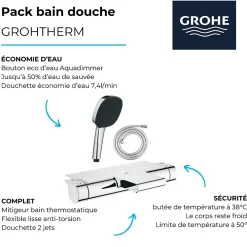 Robinet De Baignoire|Grohe Pack mitigeur bain thermostatique Grohtherm 2000 + Douchette 2 jets Vitalio Comfort 110 + Flexible