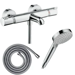 Hansgrohe Pack mitigeur bain thermostatique Ecostat Comfort + Flexible Metaflex 1,6m + Pommeau Vernis Blend EcoSmart 2 jets chromé