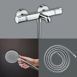 Hansgrohe Pack mitigeur bain thermostatique Ecostat Comfort + Flexible Metaflex 1,6m + Pommeau Vernis Blend EcoSmart 2 jets chromé