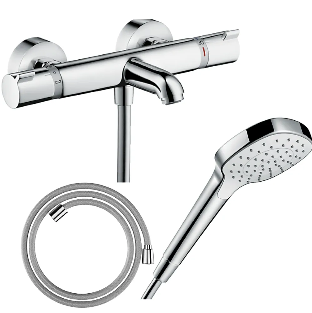 Hansgrohe Pack mitigeur bain thermostatique Ecostat Comfort + Flexible Designflex 1,6m + Pommeau Croma Select E EcoSmart chromé