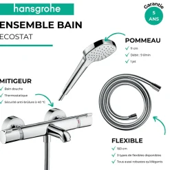 Hansgrohe Pack mitigeur bain thermostatique Ecostat Comfort + Flexible Designflex 1,6m + Pommeau Croma Select E EcoSmart chromé