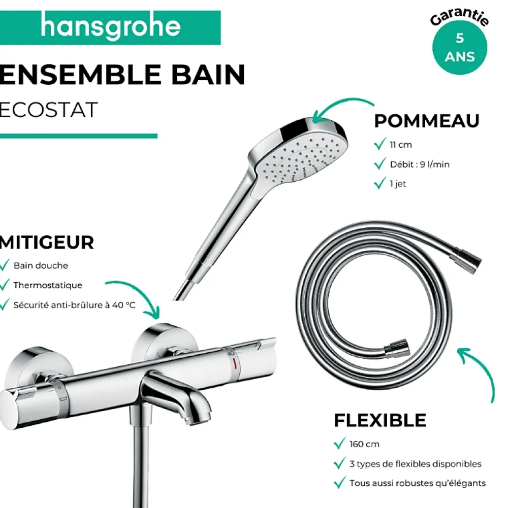 Hansgrohe Pack mitigeur bain thermostatique Ecostat Comfort + Flexible Designflex 1,6m + Pommeau Croma Select E EcoSmart chromé