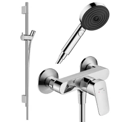 Hansgrohe Pack mitigeur douche mécanique Logis + Barre Unica S Puro + flexible + Pommeau Pulsify Select 3 jets chromé