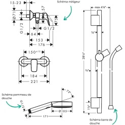 Hansgrohe Pack mitigeur douche mécanique Logis + Barre Unica S Puro + flexible + Pommeau Pulsify Select 3 jets chromé