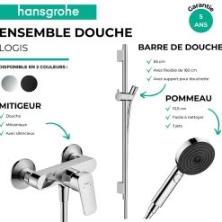 Hansgrohe Pack mitigeur douche mécanique Logis + Barre Unica S Puro + flexible + Pommeau Pulsify Select 3 jets chromé