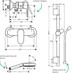 Colonne De Douche Mécanique|Hansgrohe Pack mitigeur douche mécanique Vernis Blend + Barre Unica S Puro + flexible + Pommeau Pulsify Select 3 jets noir mat