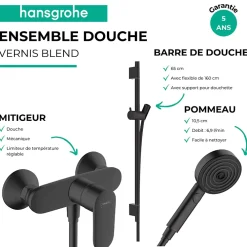 Colonne De Douche Mécanique|Hansgrohe Pack mitigeur douche mécanique Vernis Blend + Barre Unica S Puro + flexible + Pommeau Pulsify Select 3 jets noir mat