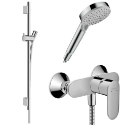 Hansgrohe Pack mitigeur douche mécanique Vernis Blend + Barre Unica S Puro + flexible + Pommeau 2 jets Vernis Blend