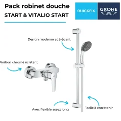 Colonne De Douche Mécanique|Grohe Pack mitigeur douche mécanique Start 2021 + ensemble de douche 2 jets Vitalio Start avec barre chromé