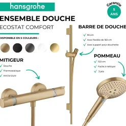 Hansgrohe Pack mitigeur douche thermostatique Ecostat Comfort + Barre Unica + flexible + Pommeau Raindance 3 jets bronze brossé