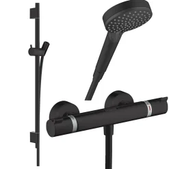 Hansgrohe Pack mitigeur douche thermostatique Ecostat Comfort + Barre Unica S Puro + flexible+ Pommeau Vernis Blend Vario noir mat
