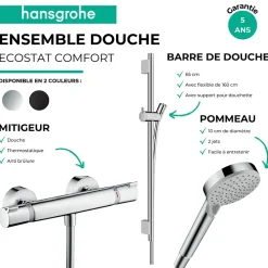 Hansgrohe Pack mitigeur douche thermostatique Ecostat Comfort + Barre Unica S Puro + flexible+ Pommeau Vernis Blend Vario noir mat