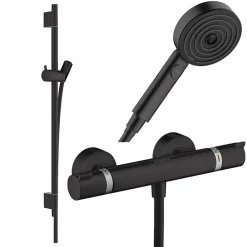 Hansgrohe Pack mitigeur douche thermostatique Ecostat Comfort + Barre Unica + flexible + Pommeau Pulsify Select 3 jets noir mat