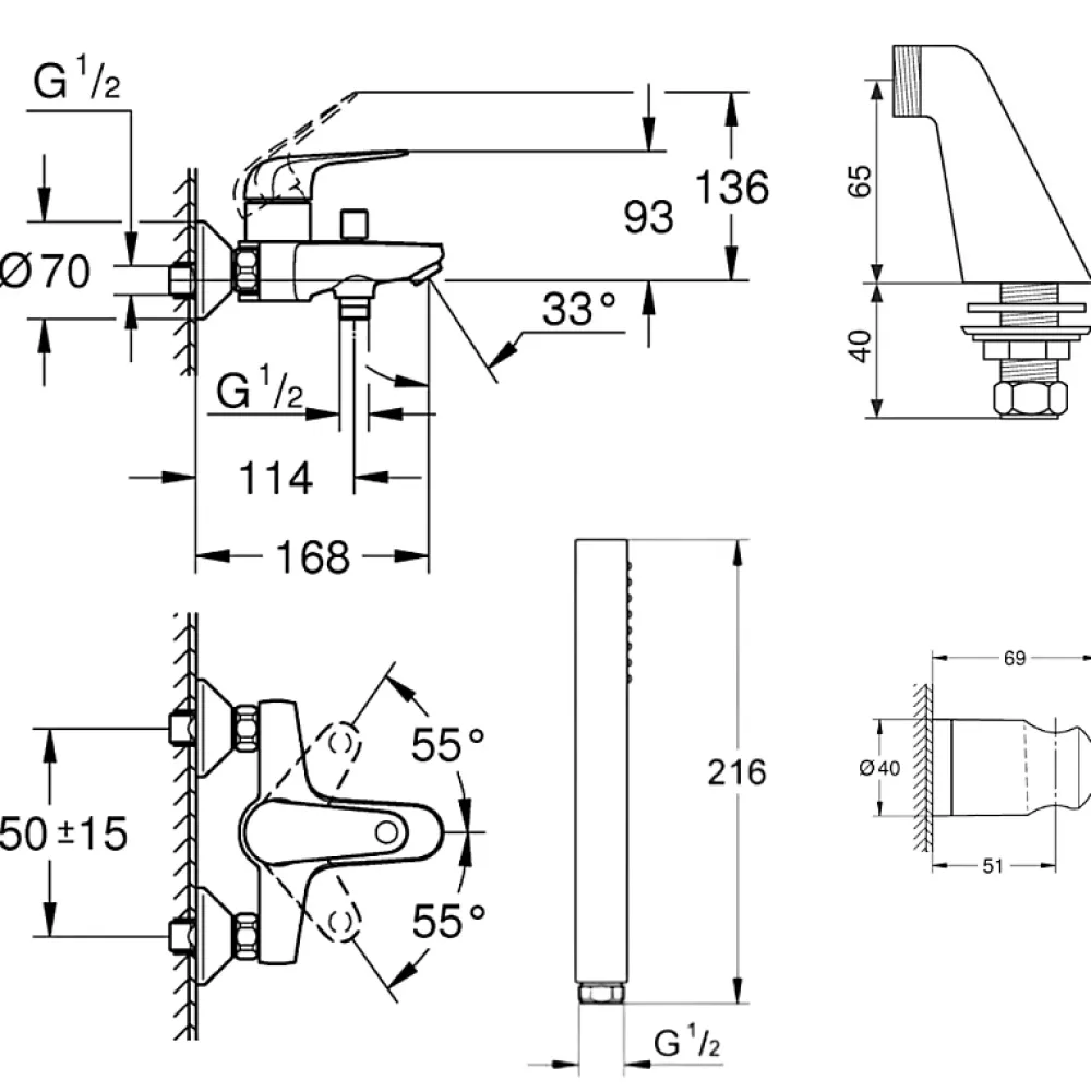 Grohe Pack mitigeur mécanique Swift avec colonnettes + Douchette 1 jet Vitalio Get Stick + Flexible 1750 mm