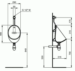 Porcher Pack urinoir - Applique - - Sans bonde - 290x315x745 mm