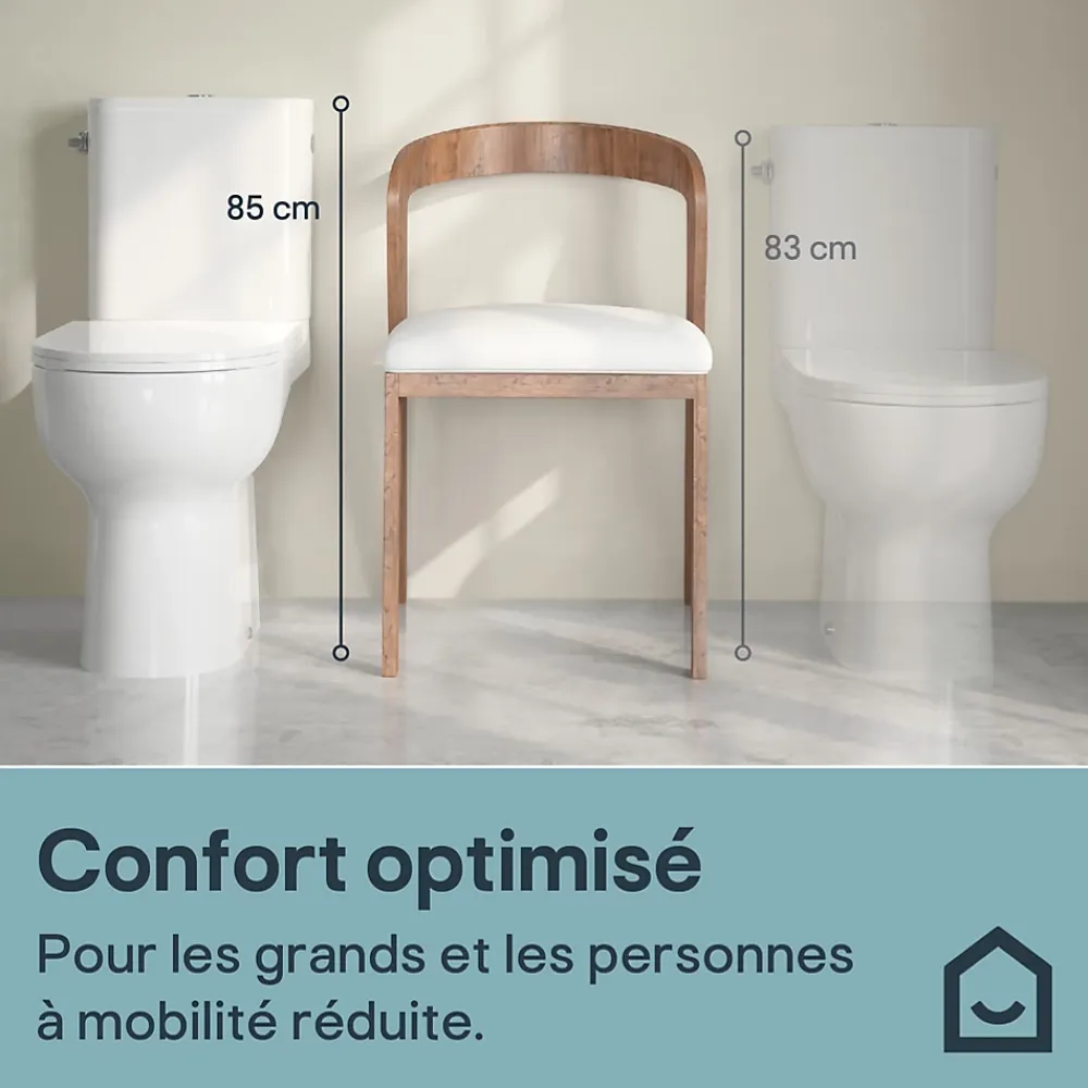 GoodHome Pack WC à poser sur-élevé sans bride vortex avec abattant déclipsable et frein de chute, sortie horizontale, Cavally