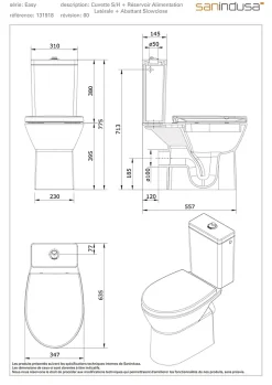 Sanindusa Pack WC au sol céramique traditionnelle Easy évac. arrière alim. chasse par le côté abattant frein de chute blanc