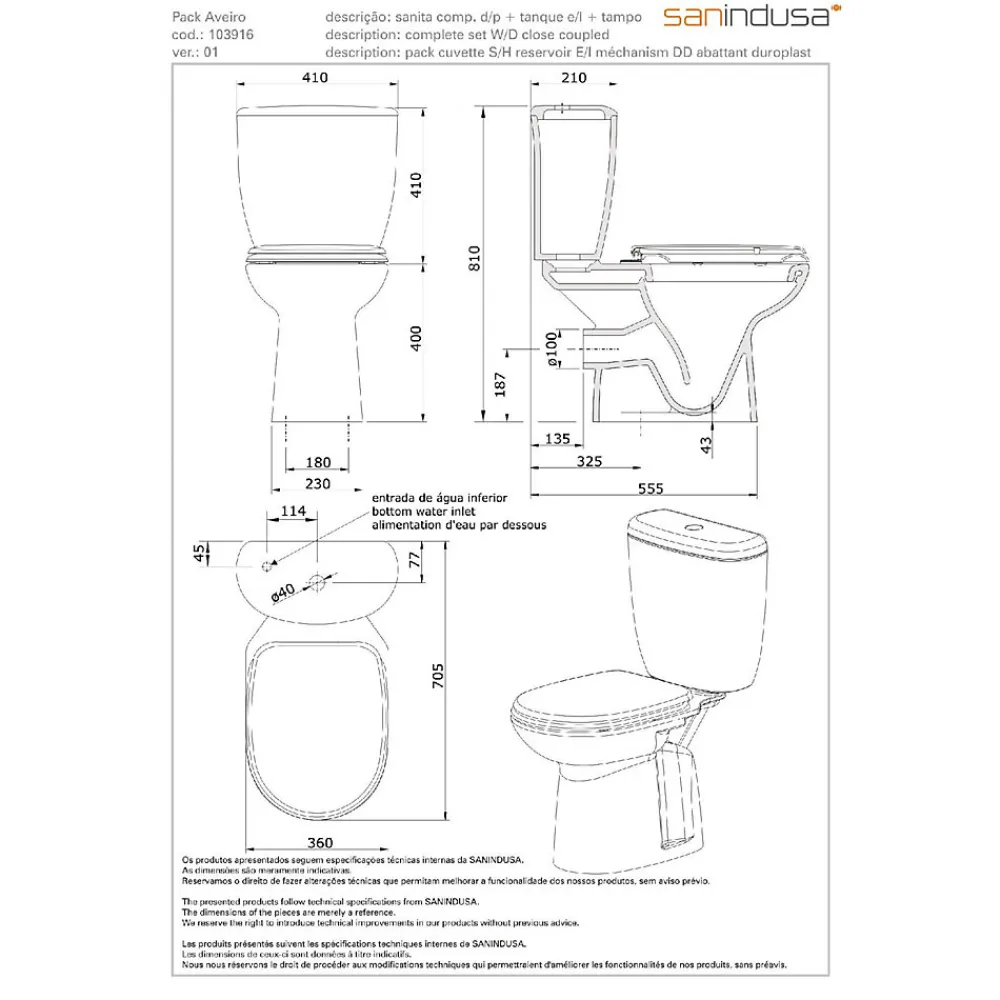 Wc À Poser|Sanindusa Pack WC Aveiro évacuation arrière alimentation chasse d'eau par dessous blanc