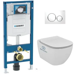 Wc Suspendu|Geberit Pack WC Bati Duofix + Cuvette Ideal Standard Tesi Aquablade + Plaque de commande Sigma20 Blanc chrome + bati support