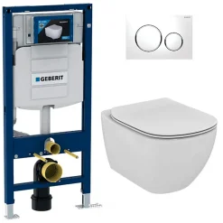 Wc Suspendu|Geberit Pack WC Bati Duofix + Cuvette Ideal Standard Tesi Aquablade + Plaque de commande Sigma20 Blanc chrome + bati support