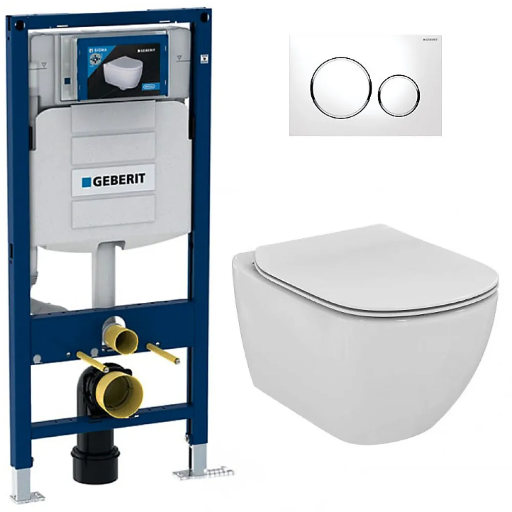 Wc Suspendu|Geberit Pack WC Bati Duofix + Cuvette Ideal Standard Tesi Aquablade + Plaque de commande Sigma20 Blanc chrome + bati support