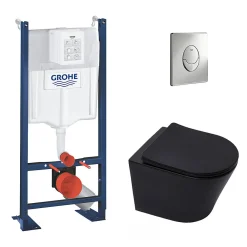 Wc Suspendu|Swiss Aqua Technologies Pack WC Bâti-autoportant Rapid SL + WC Infinitio sans bride noir mat + Abattant softclose + Plaque chrome