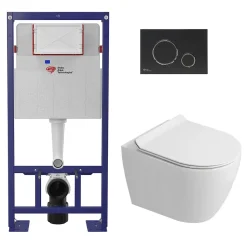 Wc Suspendu|Swiss Aqua Technologies Pack WC bâti-support autoportant + WC sans bride Ceramia PixL avec abattant SoftClose + plaque noir (STCEPXWT02-U)
