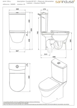Sanindusa Pack WC cuvette+réservoir+abattant+fixations UrbY 65 caréné évacuation par dessous alim. chasse par le côté blanc