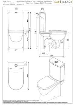 Sanindusa Pack WC cuvette+réservoir+abattant+fixations caréné évacuation par dessous alim. chasse par le côté abattant frein de chute blanc
