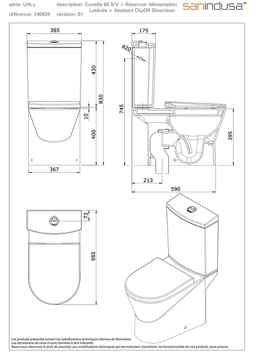Sanindusa Pack WC cuvette+réservoir+abattant+fixations caréné évacuation par dessous alim. chasse par le côté abattant frein de chute blanc